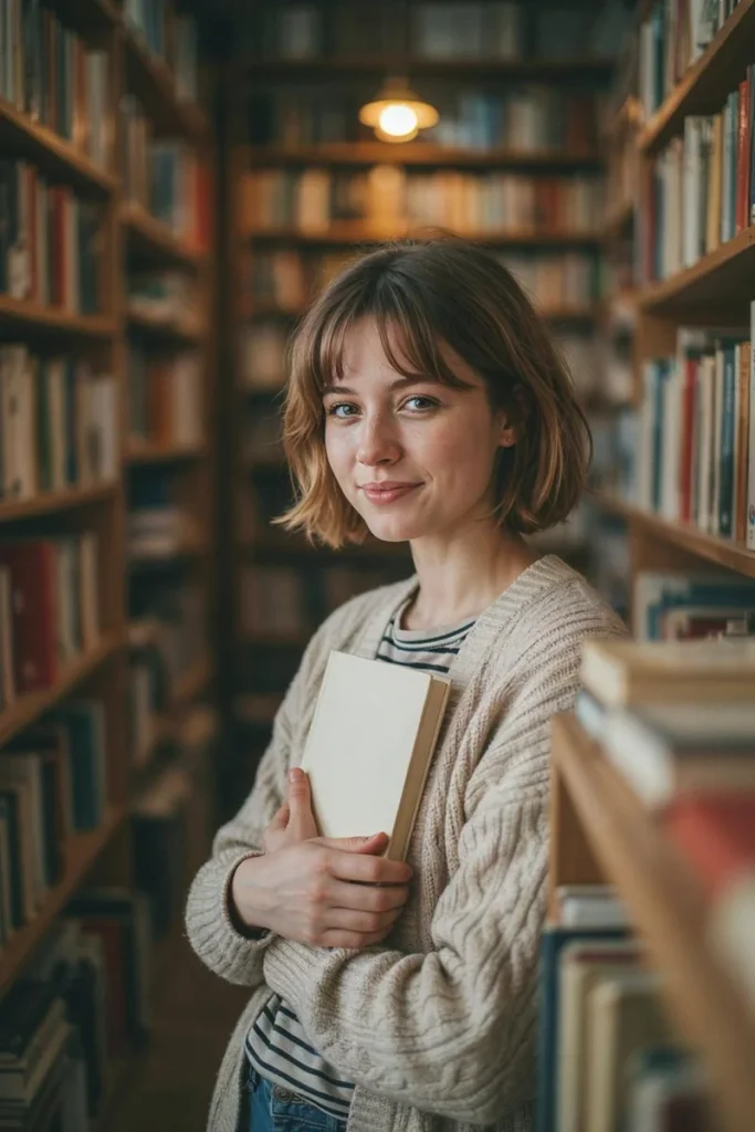 Short shag on fine straight light brown hair with soft feathered layers and curtain bangs on a woman in a bookstore