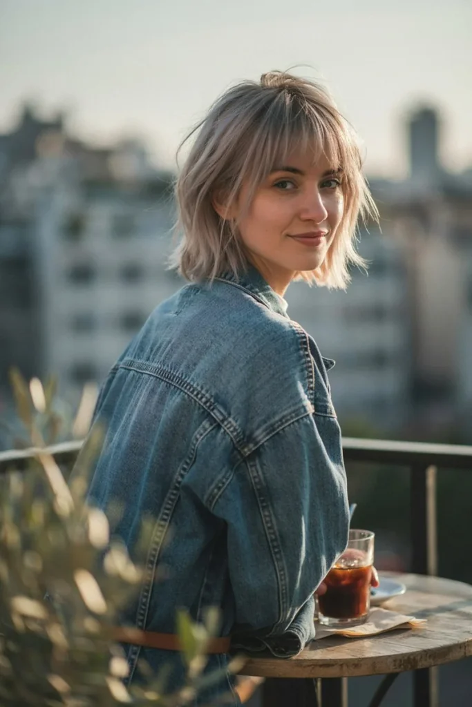 Short wolf cut on fine straight ash blonde hair with choppy crown layers and wispy ends on a woman at a rooftop café