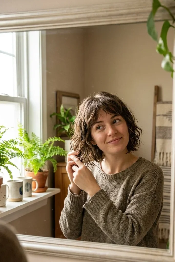 Woman styling her new bob haircut at home in front of a mirror