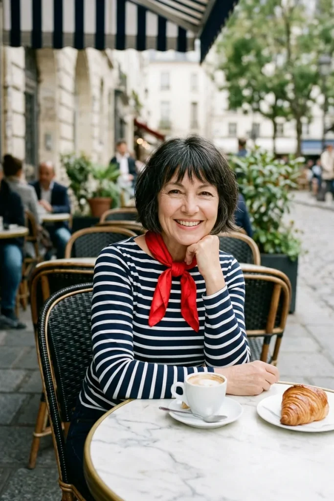 French bob in soft black with silver strands and textured bangs on a smiling woman over 50 at a Paris-style café terrace