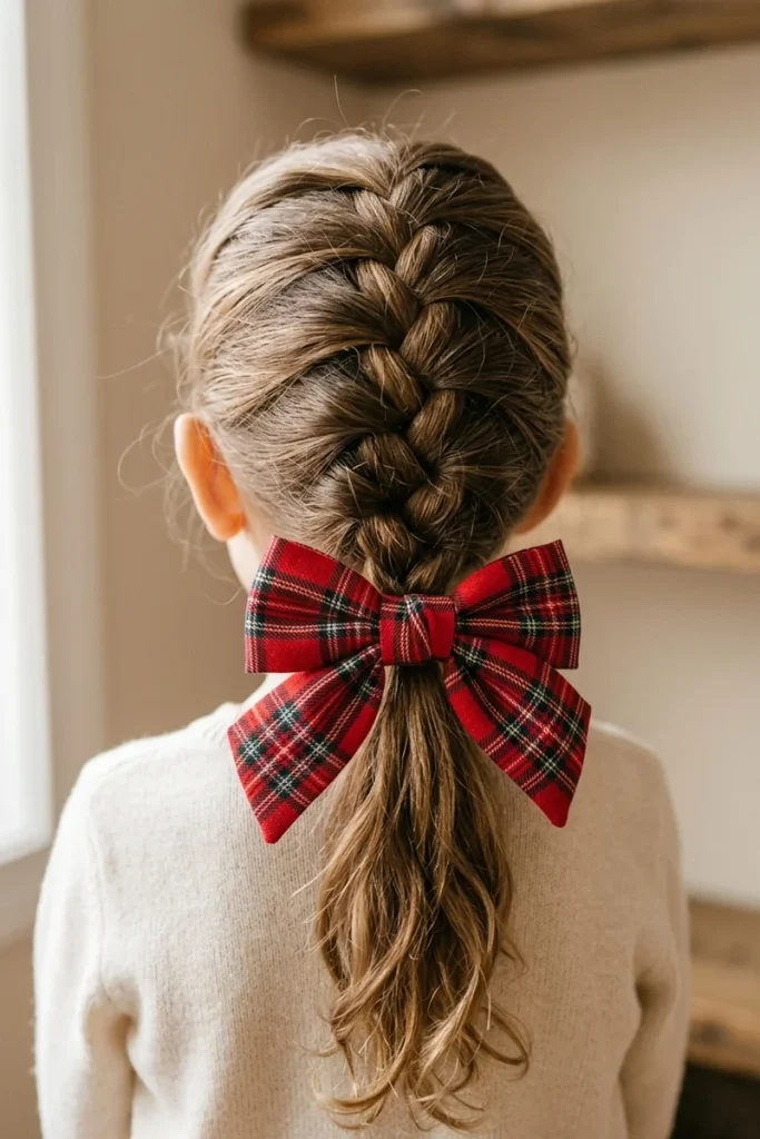 Child's French braid transitioning into a low ponytail with a red plaid bow