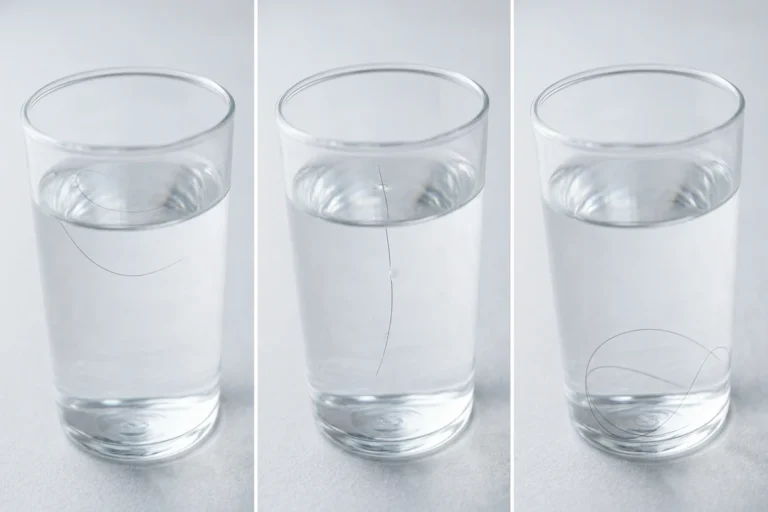Three glasses of water showing hair strand porosity test — floating, suspended, and sunk
