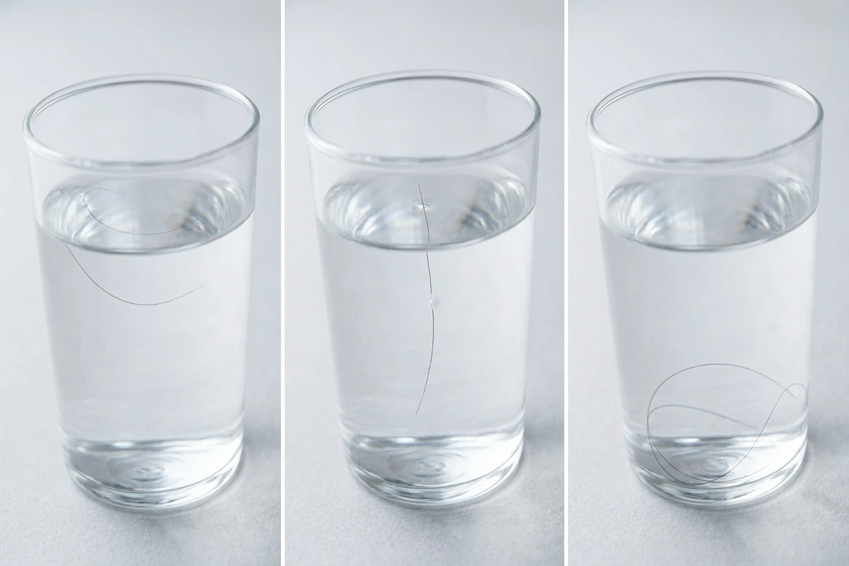 Three glasses of water showing hair strand porosity test — floating, suspended, and sunk