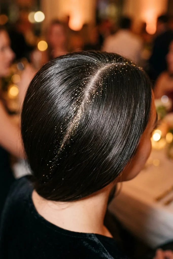 Glitter applied along the hair part line for New Year's Eve sparkle