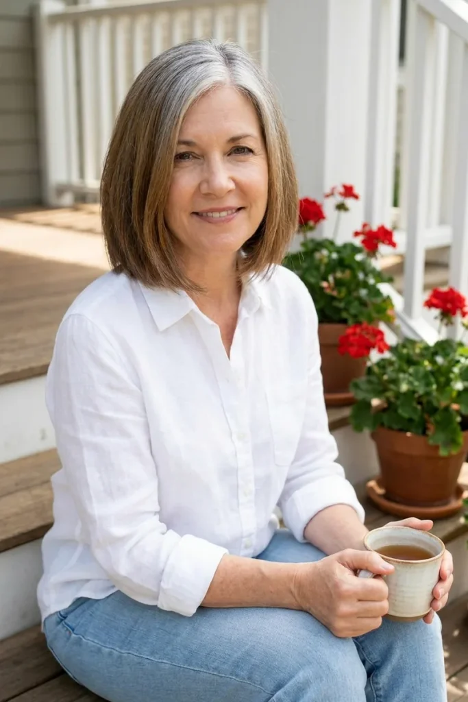 Going-gray transition bob with silver roots blending into warm brown ends on a smiling woman over 50 on a sunny porch