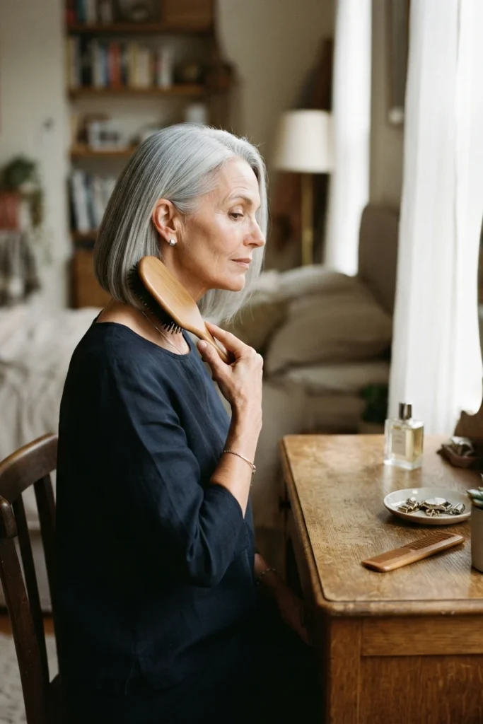 Woman brushing her sleek silver bob at a vanity table