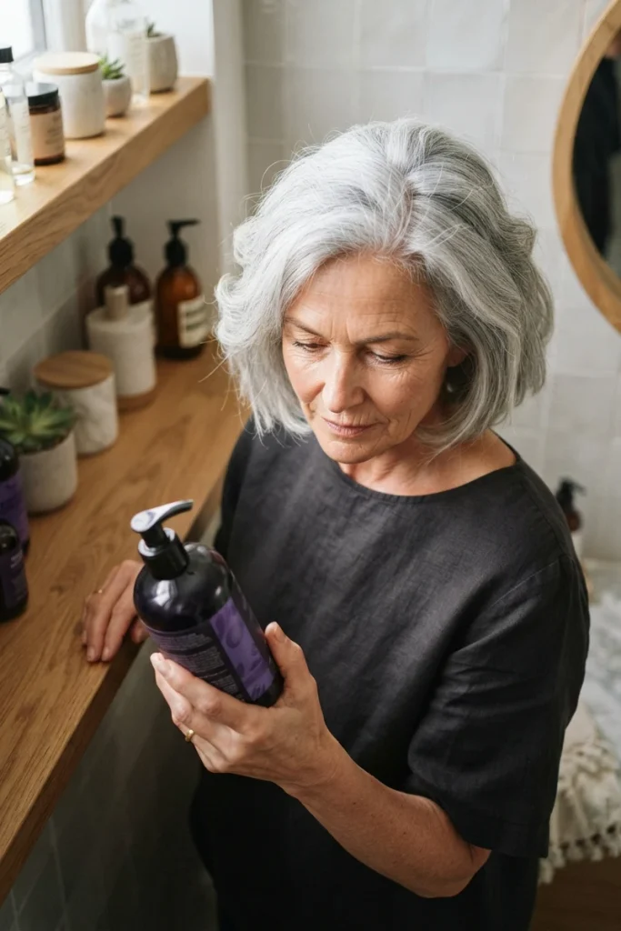 Woman reading a purple toning shampoo bottle label in her bathroom