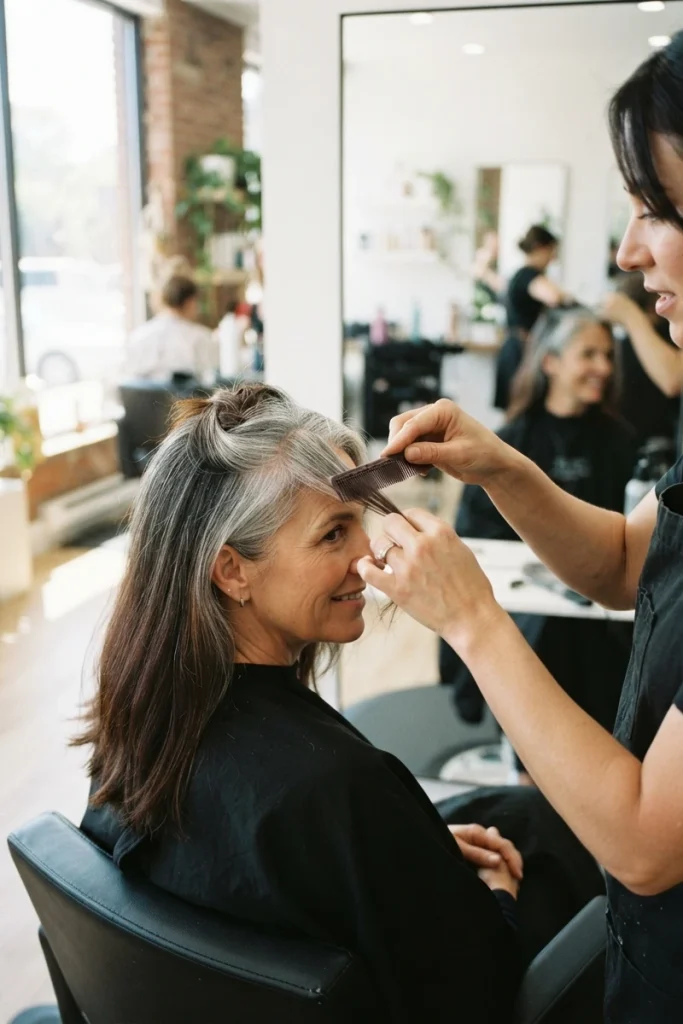 Colorist combing through a woman's gray hair transition at the salon