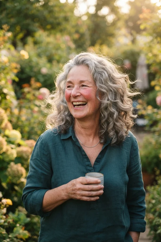 Woman with voluminous curly gray hair laughing in a garden