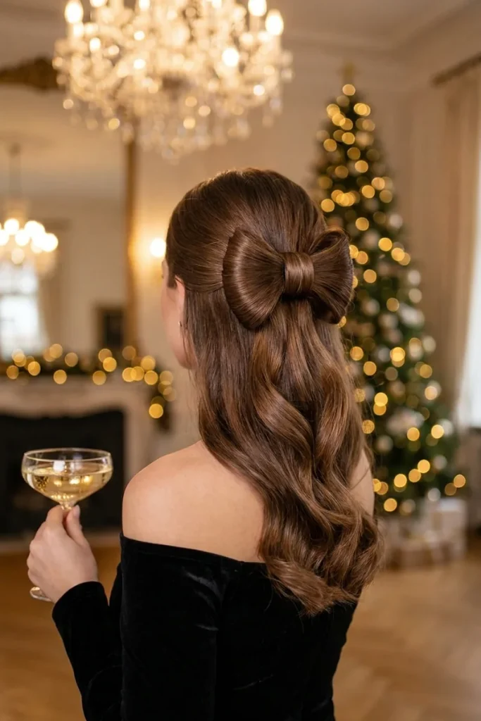 Hair bow made from chestnut brown hair in a half-up style, woman holding champagne at a Christmas cocktail party with a chandelier