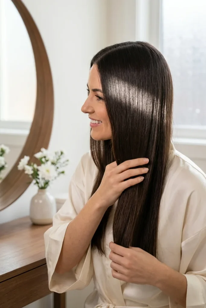 Long straight dark brunette hair with a high-gloss shine, smiling woman in a silk robe by a round mirror on a winter morning