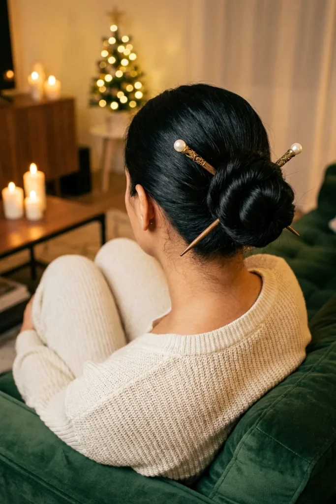 Coiled bun on long black hair held with two crossed pearl-tipped hair sticks, woman relaxing on a green sofa by candles and a Christmas tree