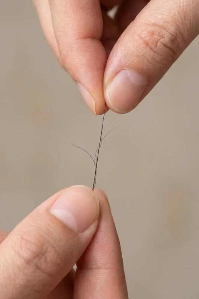 Hands performing a hair strand stretch test for moisture and protein balance
