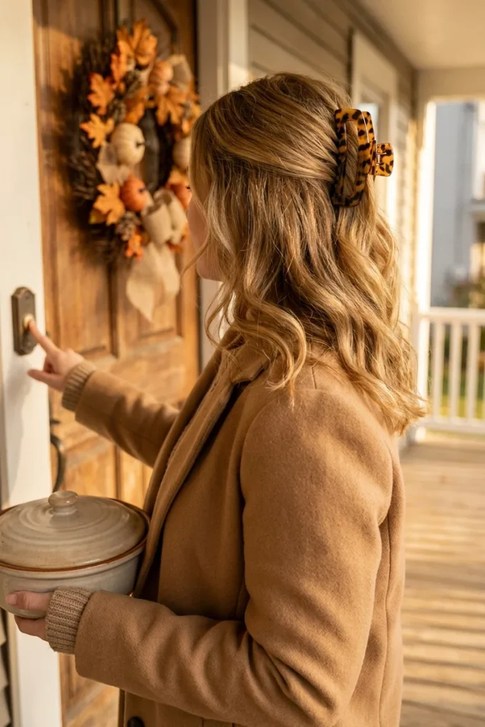 Half-up hairstyle with a tortoiseshell claw clip and soft blonde waves, woman ringing a doorbell with a fall wreath