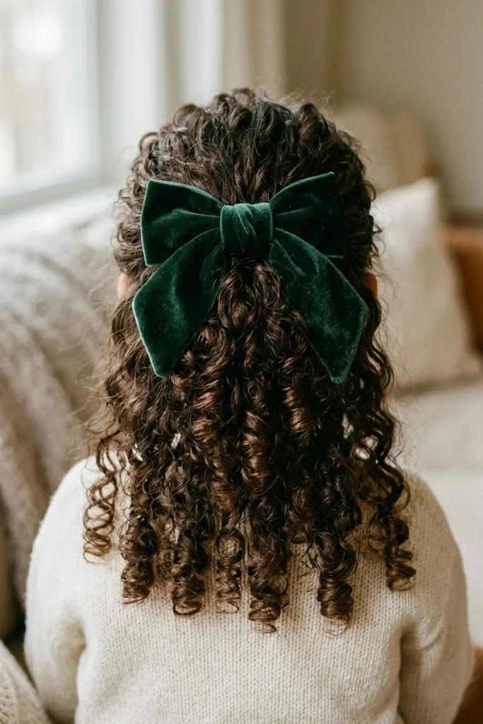 Child's half-up curled hairstyle with a large green velvet bow
