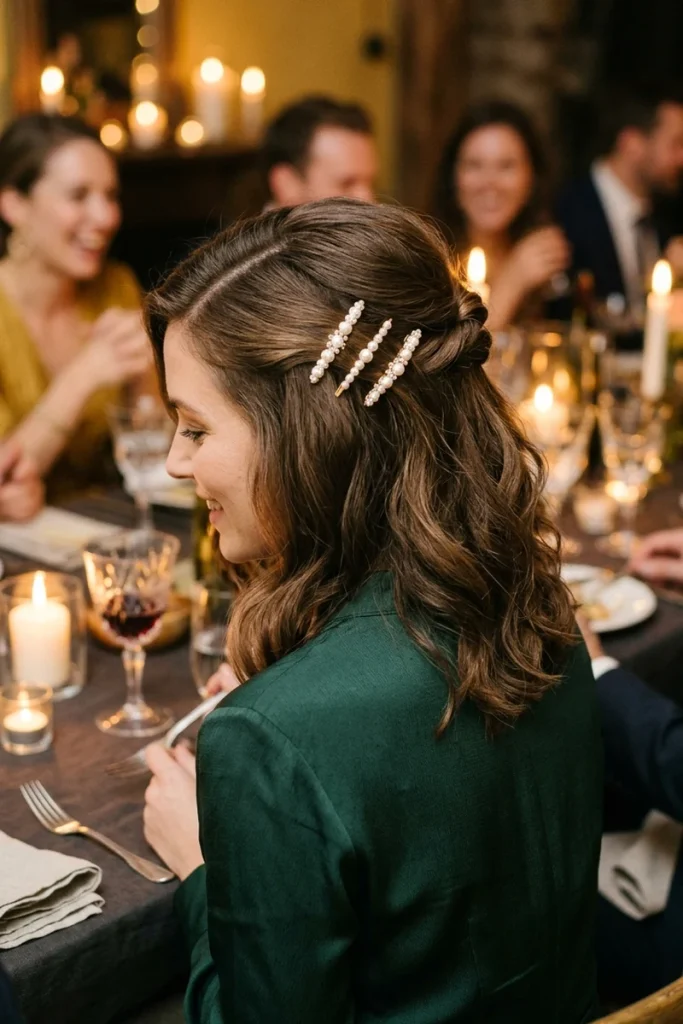 Half-up hairstyle with three pearl hair clips and loose waves