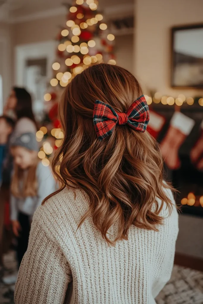 Half-up hairstyle with a red tartan bow on auburn waves, woman in a cream sweater by a Christmas tree and stockings