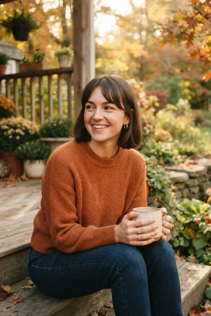 Woman with a heart-shaped face and chin-length bob with side-swept bangs smiling on a porch