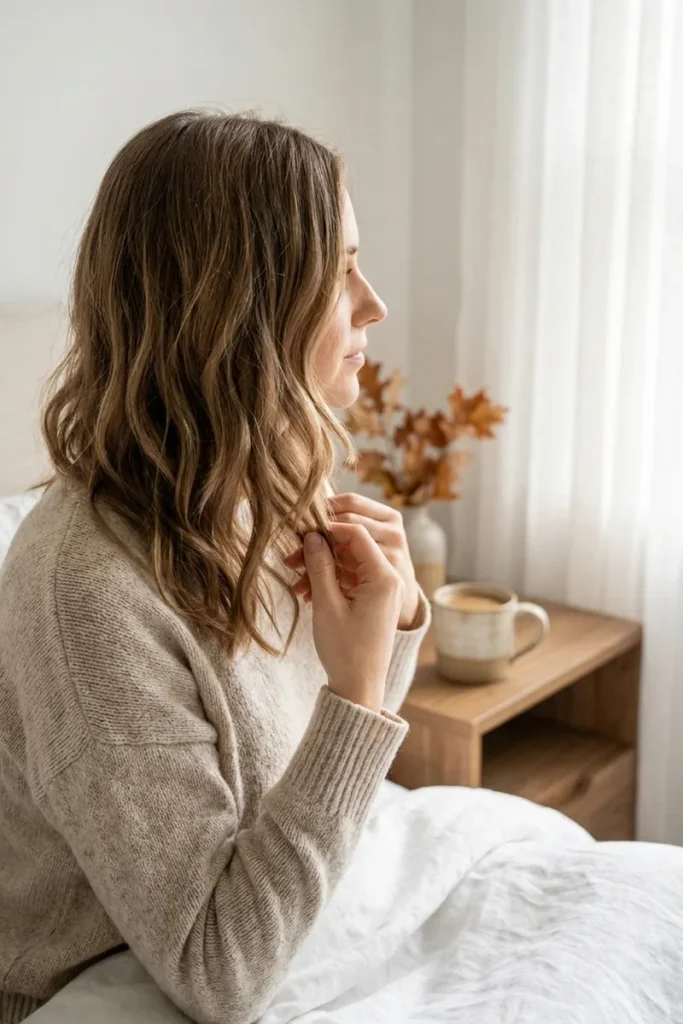Soft heatless waves on shoulder-length light brown hair, woman separating them with her fingers in a bright morning bedroom