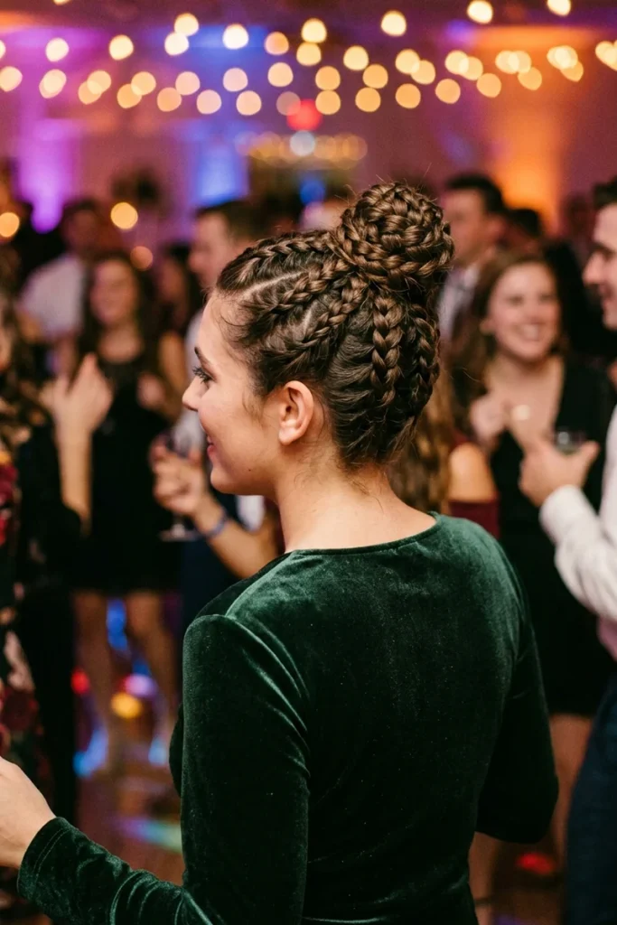 High bun hairstyle made of multiple woven braids