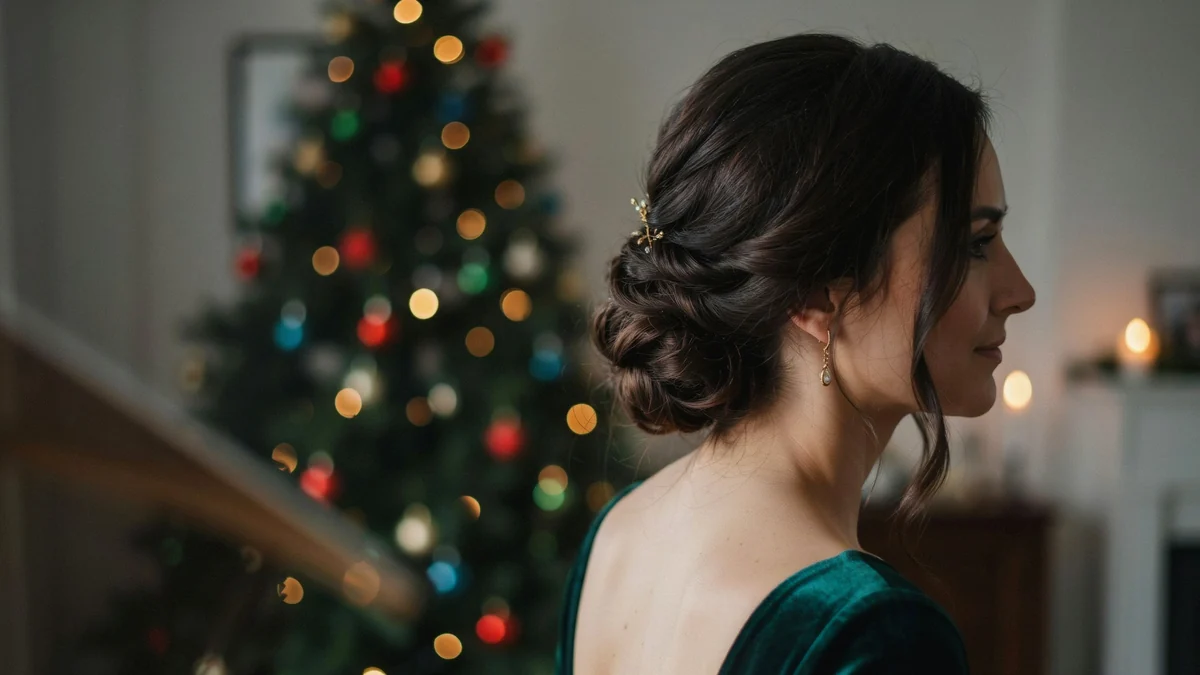Long dark brown hair in a twisted low chignon with a gold hair pin, woman in an emerald velvet dress by a Christmas tree