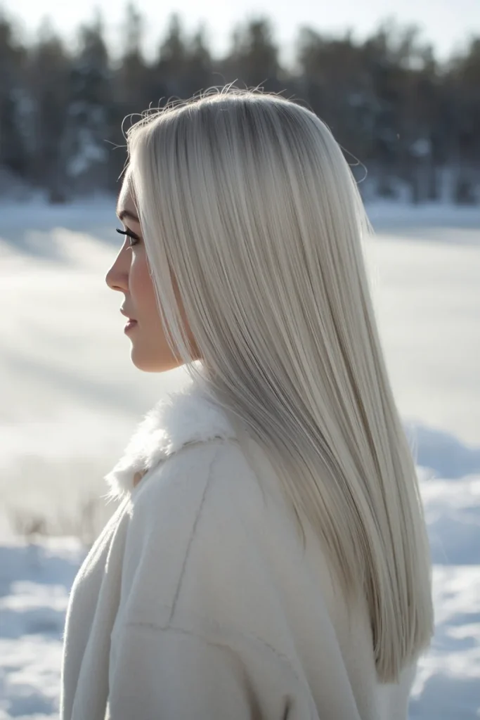 Long straight icy pearl blonde hair on a woman in a white fur-collared coat by a snowy frozen lake