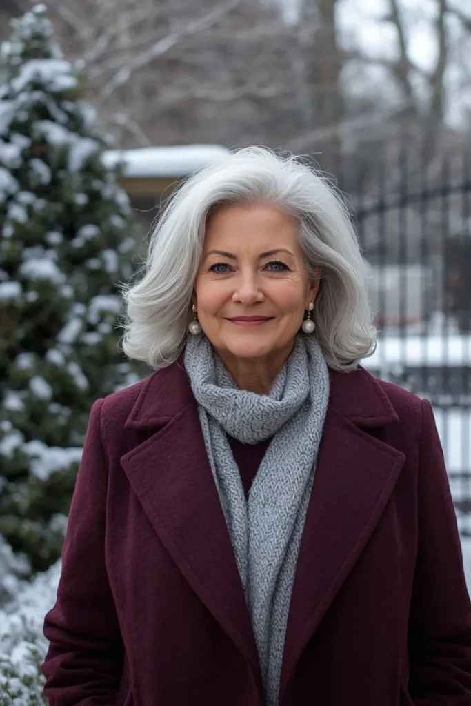Bright icy silver gray waves on a smiling woman in her late 50s in a burgundy coat and pearl earrings in a snowy garden