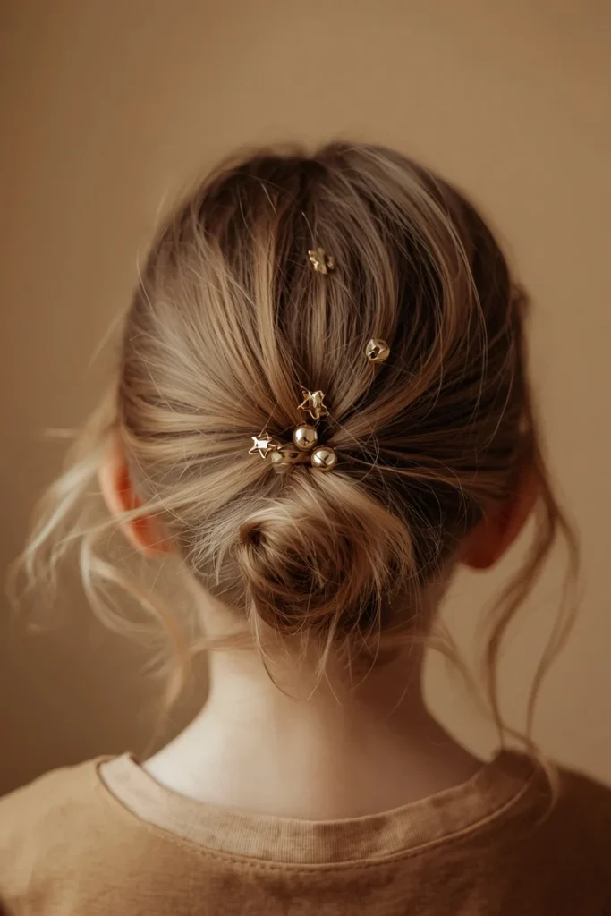 Child's low bun with gold star and jingle bell hairpins scattered through the hair