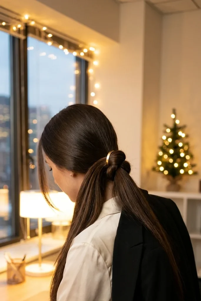 Knotted low ponytail with a gold hair cuff on dark brown hair, woman at an office desk with Christmas lights