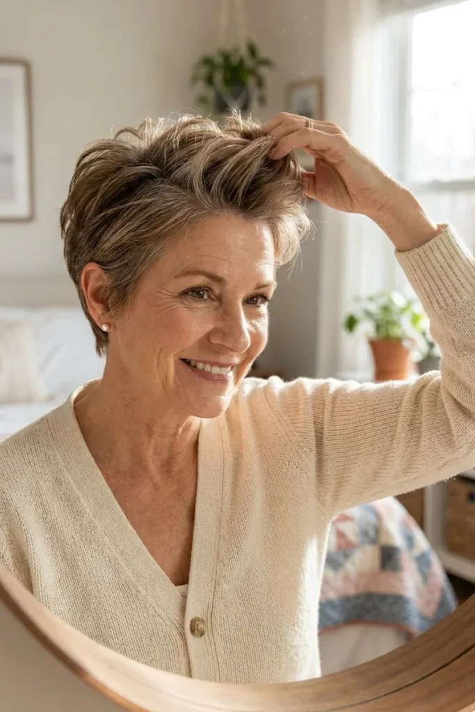 Layered pixie cut with lifted crown volume in light brown with blended gray on a smiling woman over 50 at a bedroom mirror
