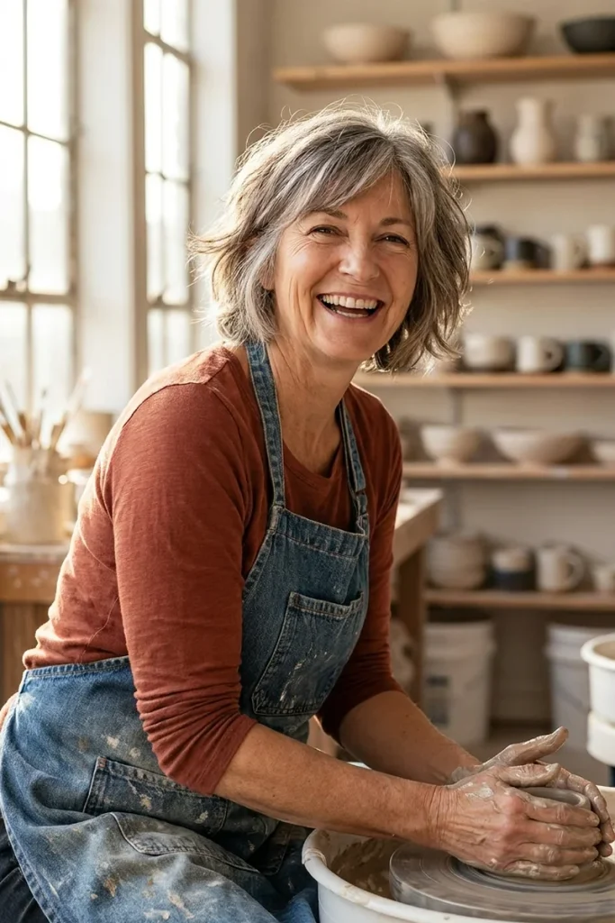 Layered salt-and-pepper bob with dark and silver strands blended through on a laughing woman over 50 at a pottery wheel