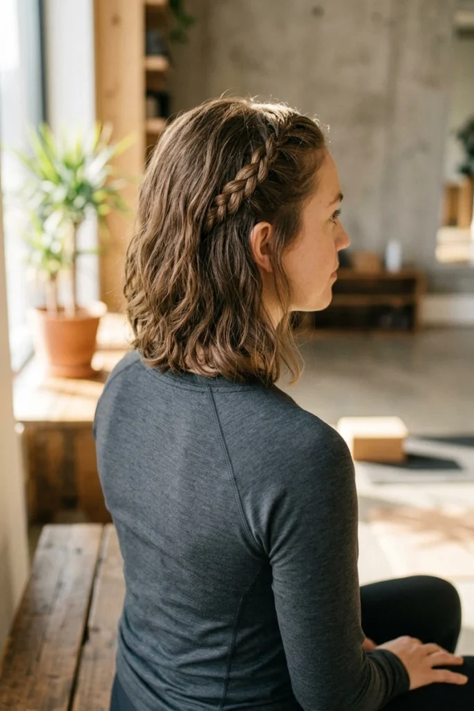 Thin braid wrapped across the hairline like a headband on lob hair