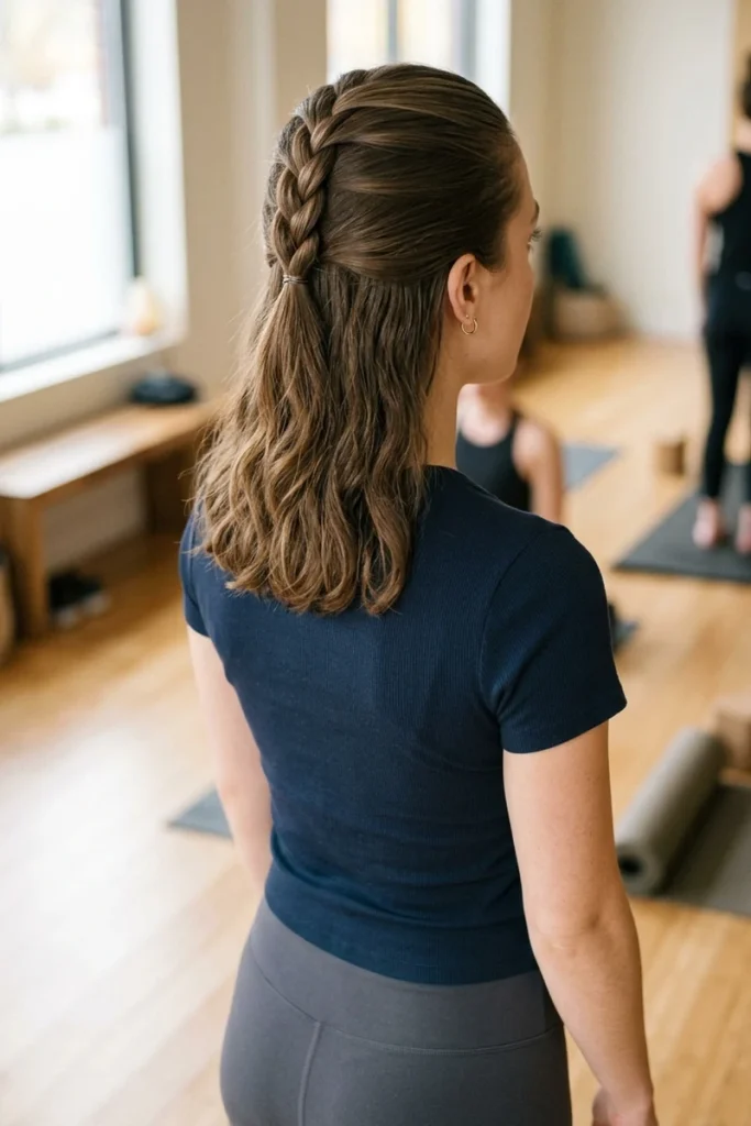 Half-up braid on lob-length hair in a yoga studio