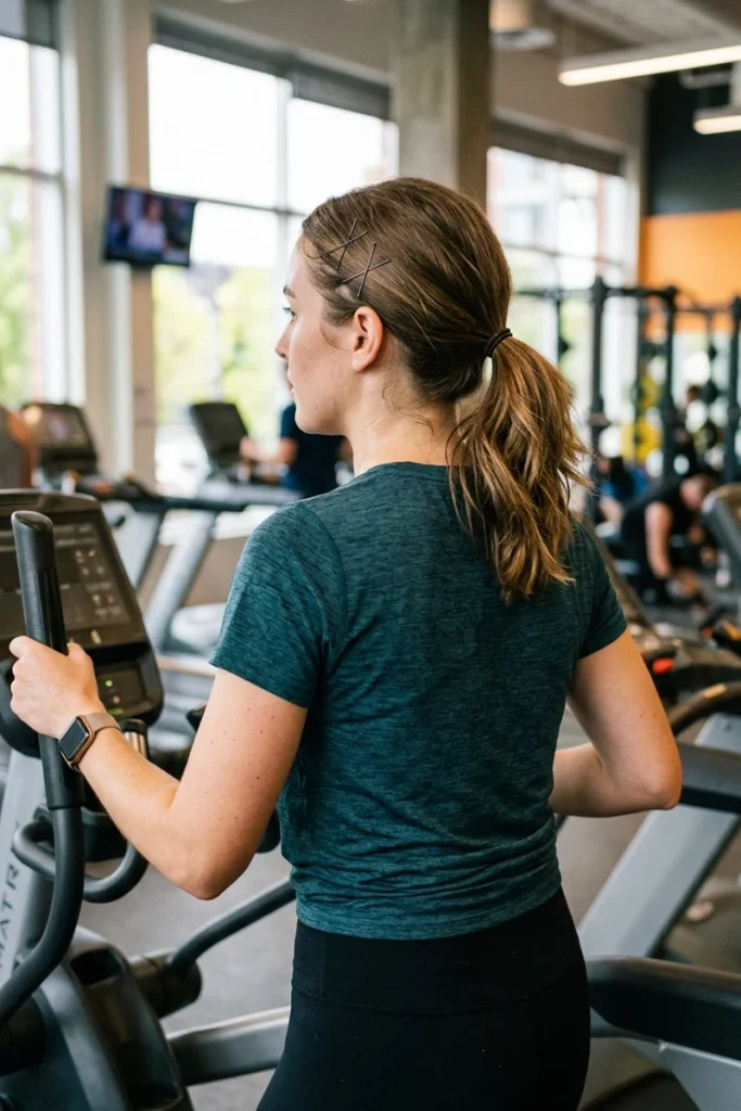 Low ponytail with crossed bobby pins catching baby hairs on the elliptical