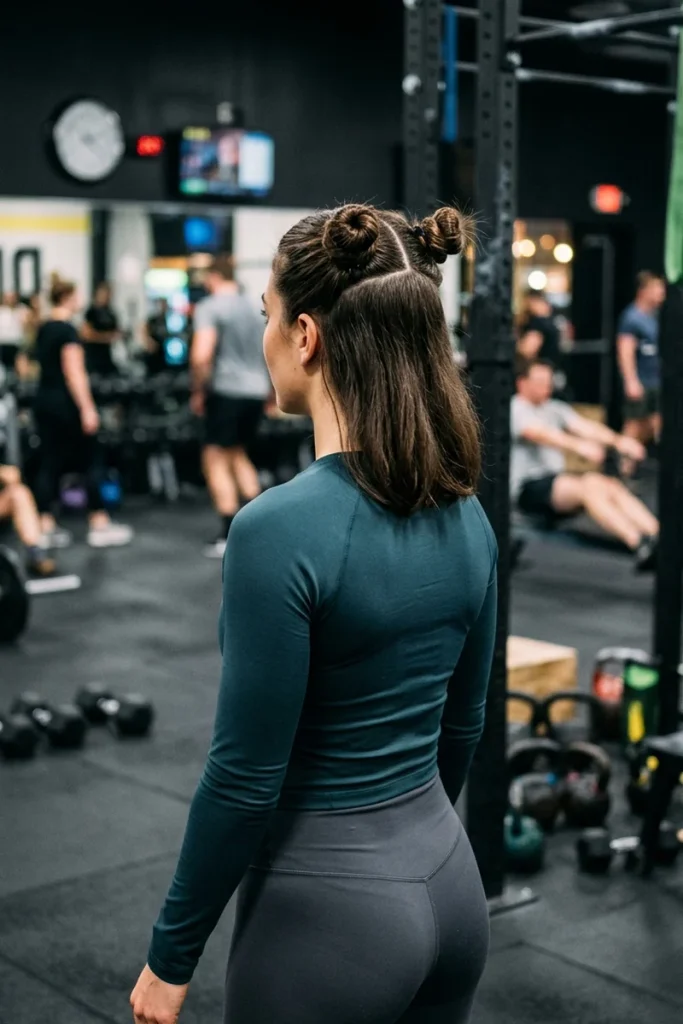 Mini space buns on lob-length hair during circuit training