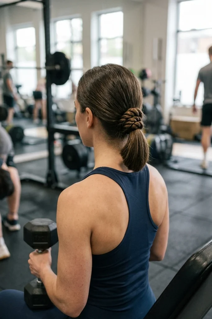 Twisted low bun on lob-length hair during strength training