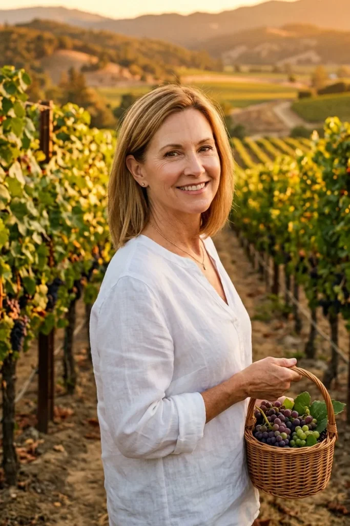 Honey blonde long bob tucked behind one ear on a smiling woman over 50 holding a basket of grapes in a vineyard at sunset