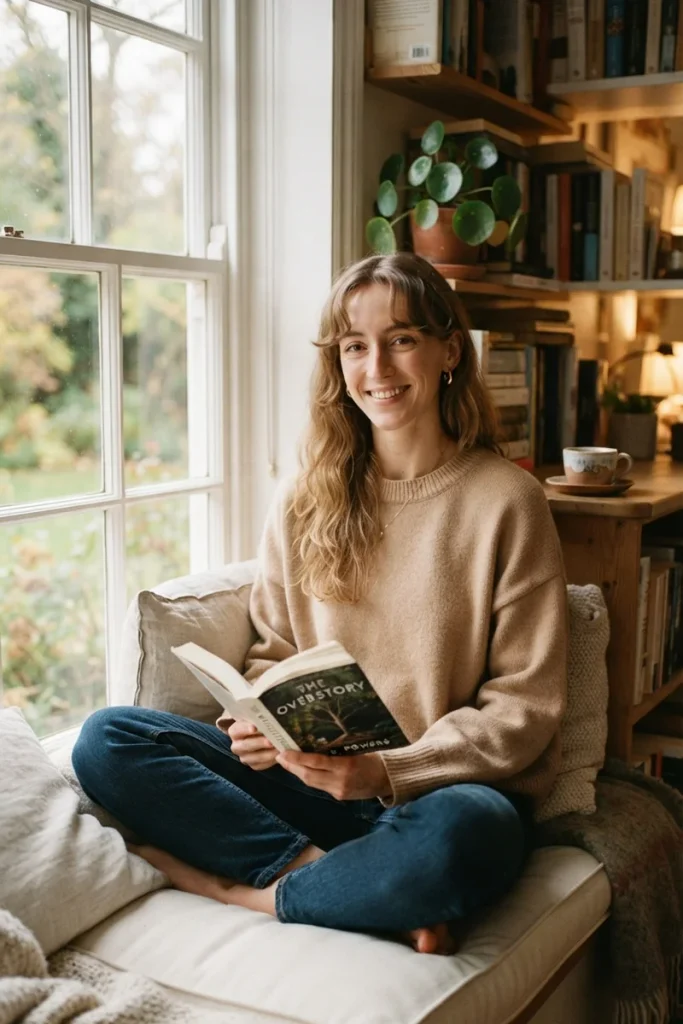 Woman with an elongated face shape and curtain bangs reading a book by a window