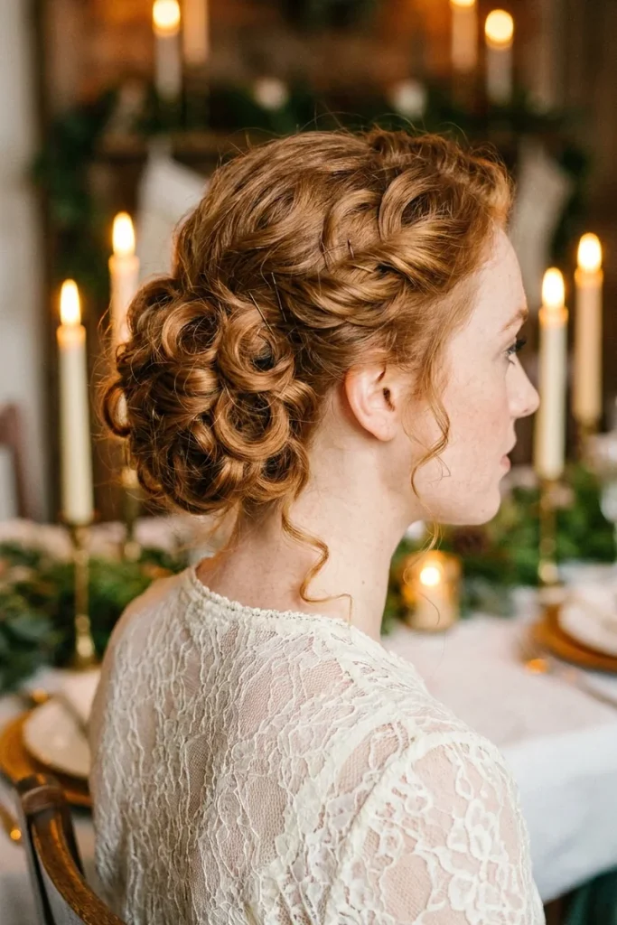 Loose pinned-curl updo on long copper hair with individual curl loops pinned into a soft cluster, woman at a candlelit holiday dinner