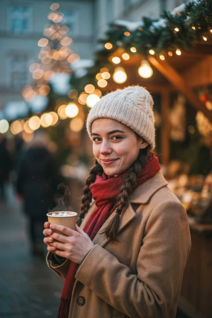 Two low braids under a cream knit beanie, smiling woman holding hot cocoa at an outdoor Christmas market