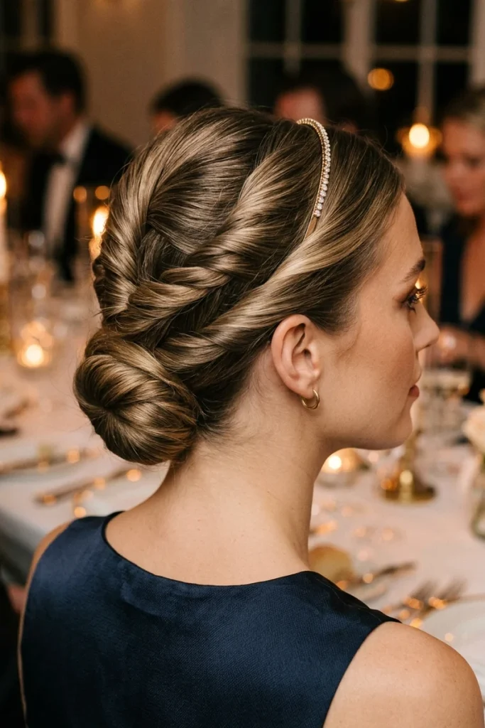 Low chignon updo with twisted side section and crystal headband