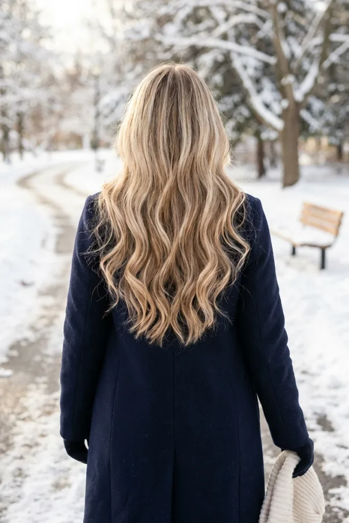 Chin-length mushroom brown bob with cool ashy tones on a woman in a gray turtleneck holding tea by a window overlooking a snowy city