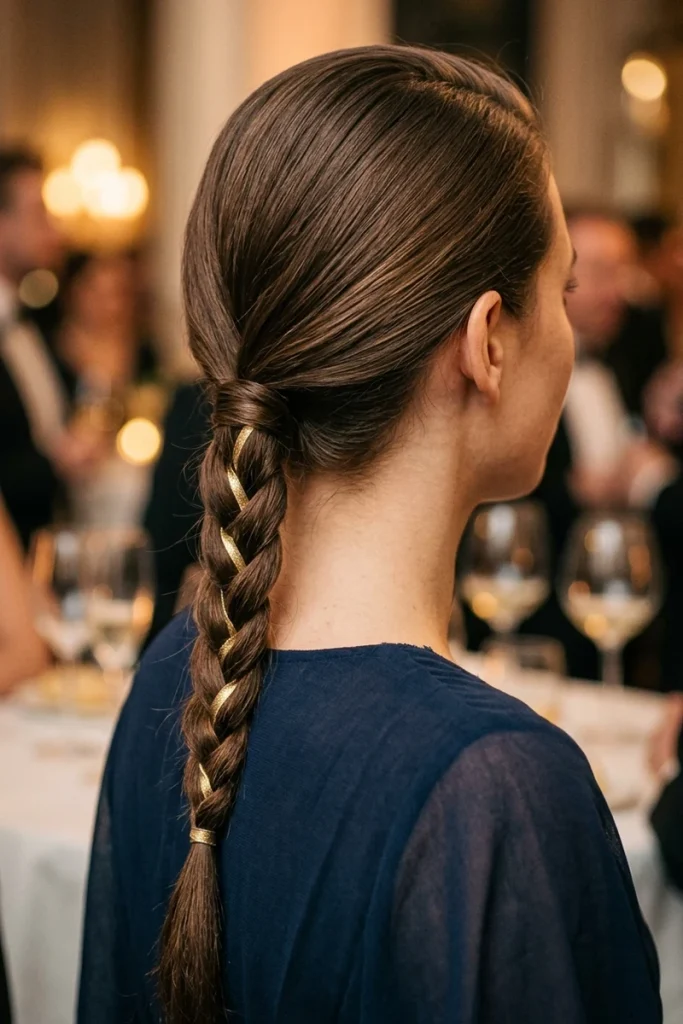 Metallic gold ribbon woven through a low braid