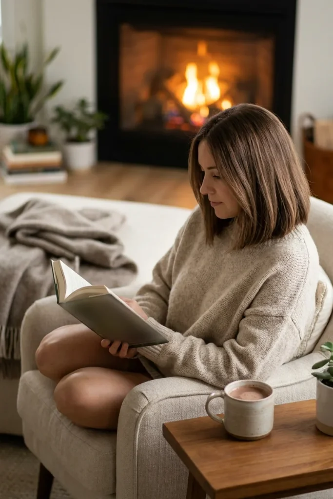 Mocha brown lob on a woman reading a book in an armchair by a cozy fireplace