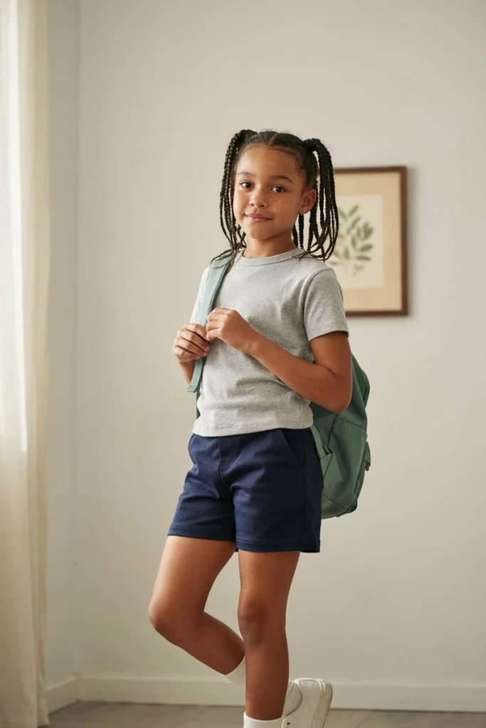 Box braids gathered into pigtails on a young girl for a durable weekly style
