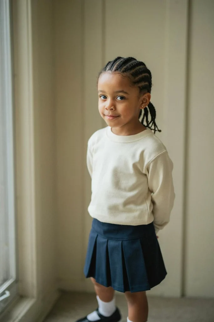 Cornrows braided close to the scalp on a young girl, built to last the school week