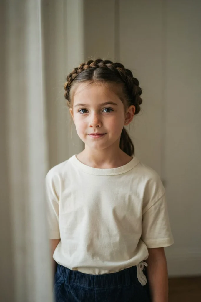 Dutch braid crown on a young girl, built to stay neat for picture week