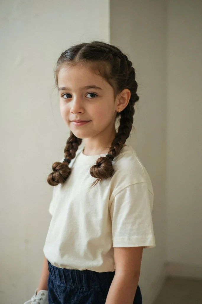 Double French braids tucked into low buns on a young girl for multi-day durability