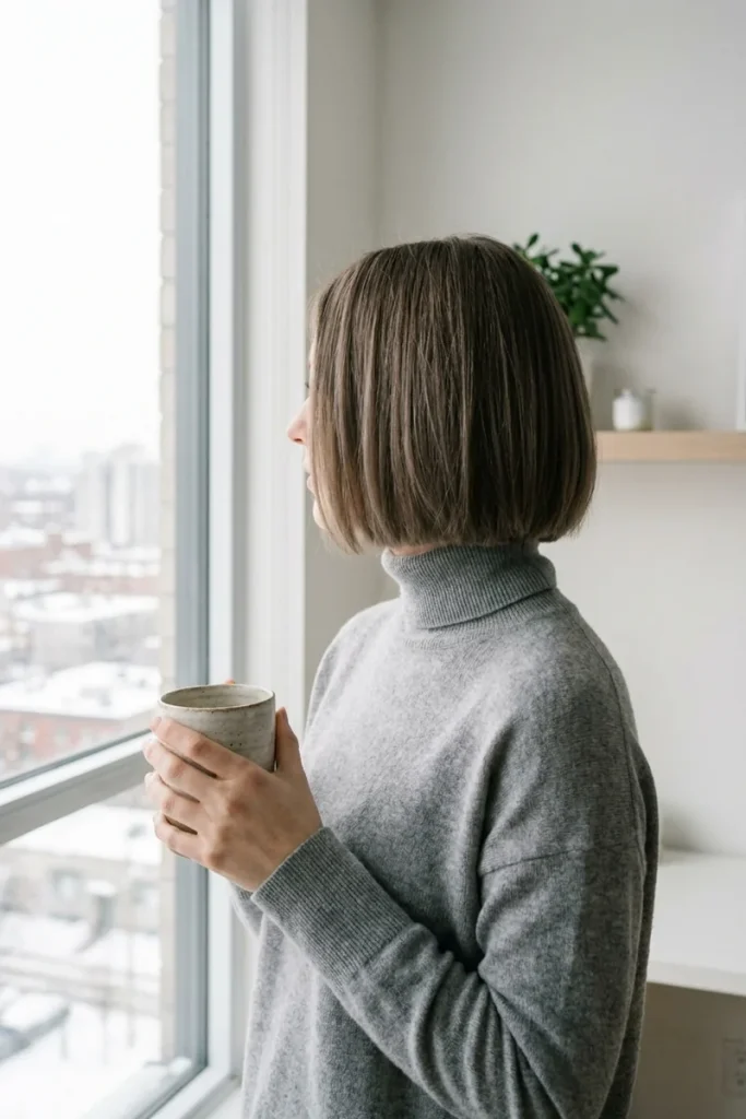 Chin-length mushroom brown bob with cool ashy tones on a woman in a gray turtleneck holding tea by a window overlooking a snowy city