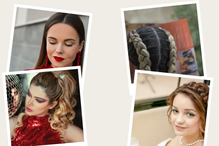 Collage of New Year's Eve hairstyles including sleek slicked-back hair, braided crown, high ponytail with curls, and half-up style